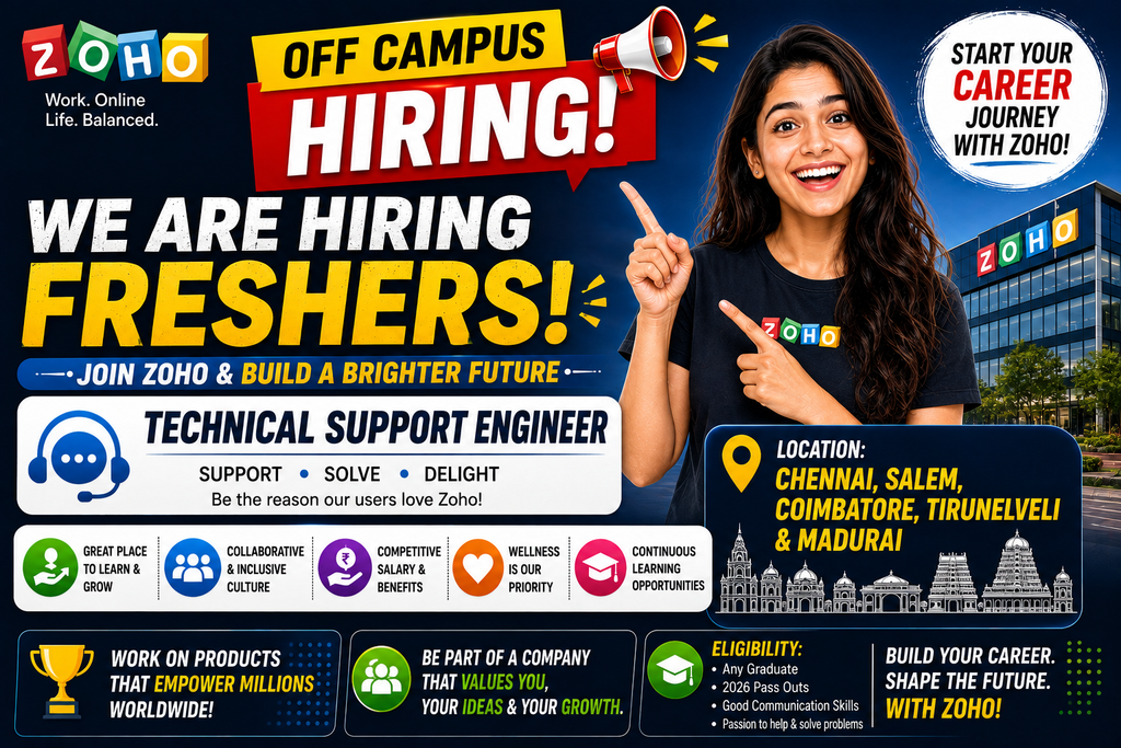 Zoho Off Campus 2026 Hiring Fresher For Technical Support Engineer | Chennai, Salem, Coimbatore, Tirunelveli & Madurai