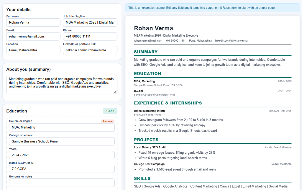 Free ATS Resume Builder for Freshers